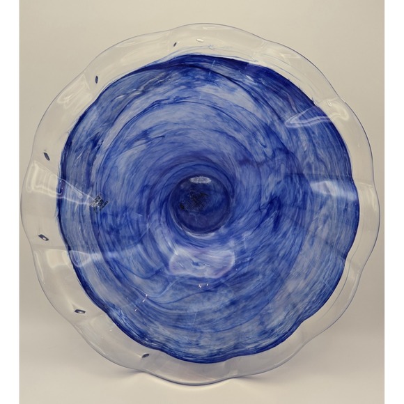 Bowl-Blue ItalianBY Gruppo Vittorio Art Glass. Clear Ruffled Edge. 12.25